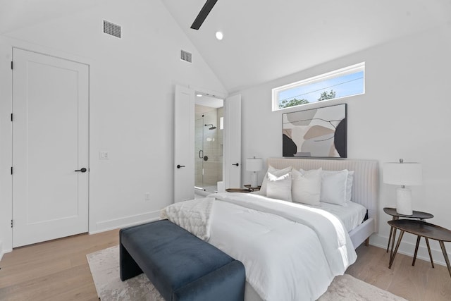 2114 Haskell St, Austin, TX 78702 - bedroom featuring light wood-style flooring, high vaulted ceiling, connected bathroom, recessed lighting, and ceiling fan