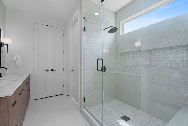 2114 Haskell St, Austin, TX 78702 - bathroom featuring a shower stall, vanity, and tile patterned flooring