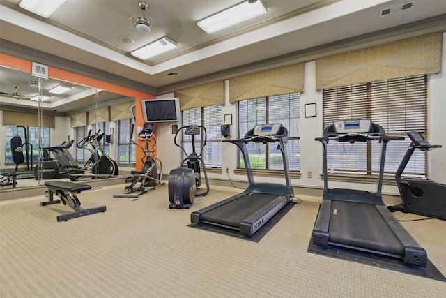 11203 Ranch Road 2222 1501, Austin, TX 78730 - workout area with carpet flooring, ornamental molding, and a raised ceiling
