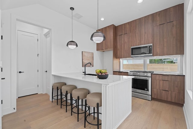 52 Robert T Martinez Jr St, Austin, TX 78702 - kitchen with stainless steel appliances, a sink, modern cabinets, light wood-type flooring, and recessed lighting