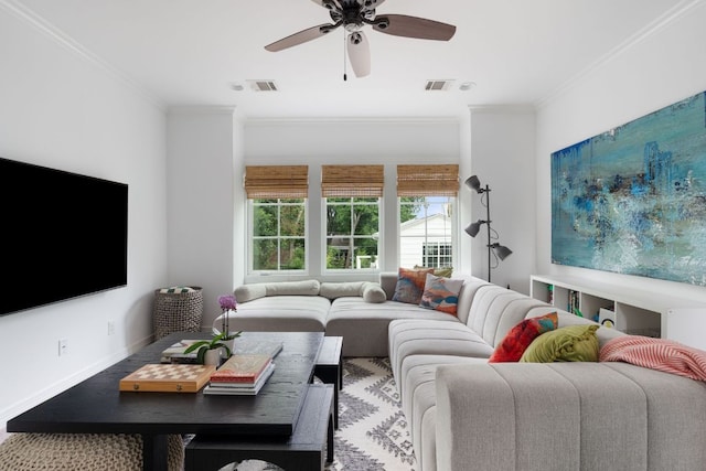 1711 Mohle Dr, Austin, TX 78703 - living room featuring ornamental molding, ceiling fan, and baseboards