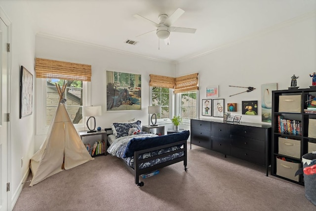 1711 Mohle Dr, Austin, TX 78703 - carpeted bedroom with crown molding and a ceiling fan