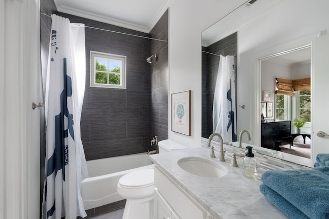 1711 Mohle Dr, Austin, TX 78703 - bathroom with ornamental molding, vanity, shower / tub combo, and toilet