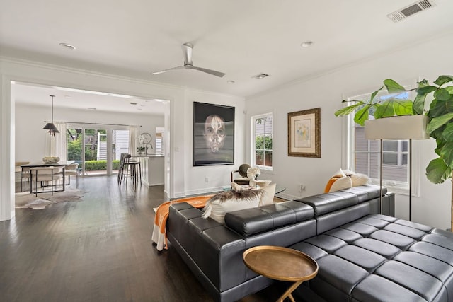 1711 Mohle Dr, Austin, TX 78703 - living room with ceiling fan, dark wood-type flooring, and ornamental molding