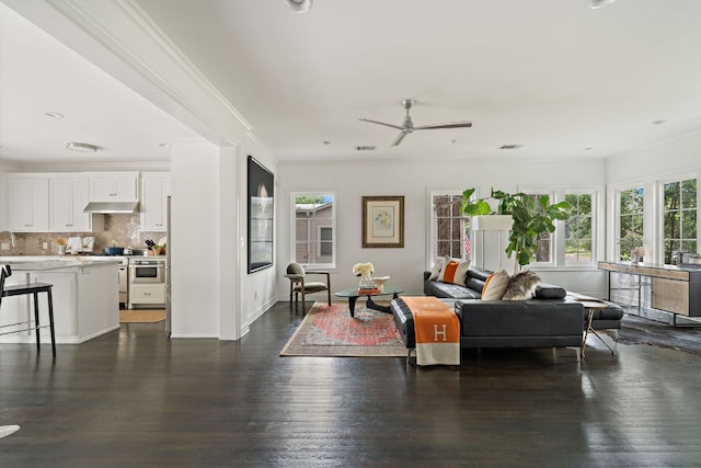 1711 Mohle Dr, Austin, TX 78703 - living area featuring ceiling fan, crown molding, and dark wood-type flooring