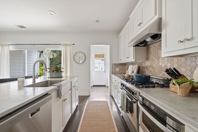 1711 Mohle Dr, Austin, TX 78703 - kitchen with under cabinet range hood, a sink, stainless steel appliances, crown molding, and light countertops