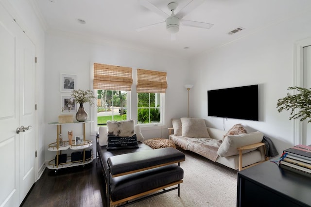1711 Mohle Dr, Austin, TX 78703 - living room with wood finished floors, ornamental molding, and ceiling fan