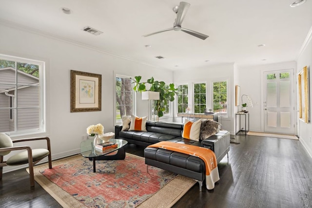 1711 Mohle Dr, Austin, TX 78703 - living area with baseboards, a ceiling fan, ornamental molding, and wood finished floors