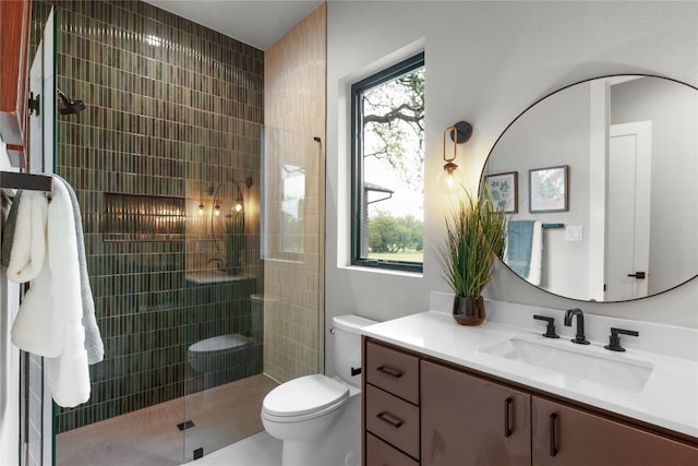 8341 Brewer Ln, Salado, TX 76571 - bathroom featuring a tile shower, toilet, and vanity