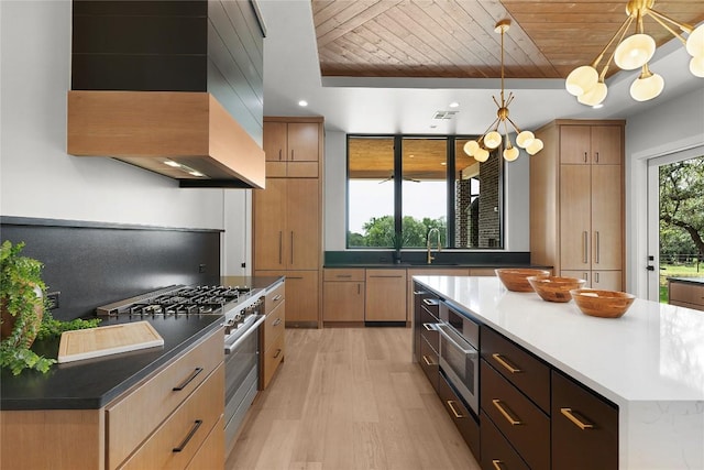 8341 Brewer Ln, Salado, TX 76571 - kitchen featuring high end stove, wood ceiling, custom range hood, light wood-style floors, and decorative light fixtures