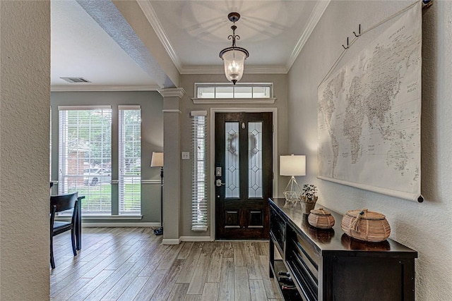 8002 Magic Mountain Cv, Round Rock, TX 78681 - entrance foyer with wood finished floors, ornamental molding, and a textured wall