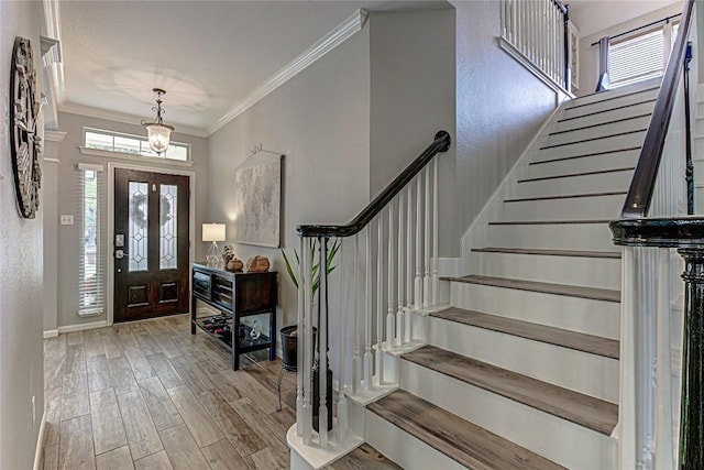 8002 Magic Mountain Cv, Round Rock, TX 78681 - entrance foyer with stairs, wood finished floors, ornamental molding, plenty of natural light, and baseboards