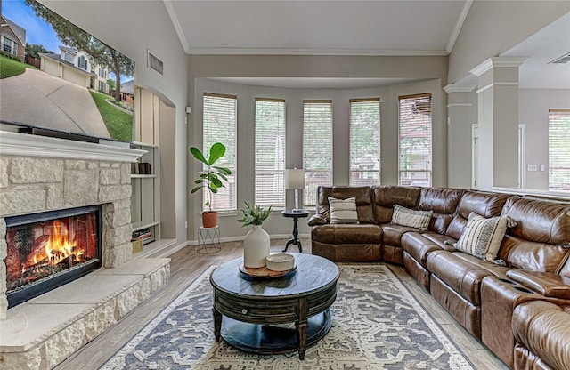 8002 Magic Mountain Cv, Round Rock, TX 78681 - living room with crown molding, wood finished floors, and a stone fireplace