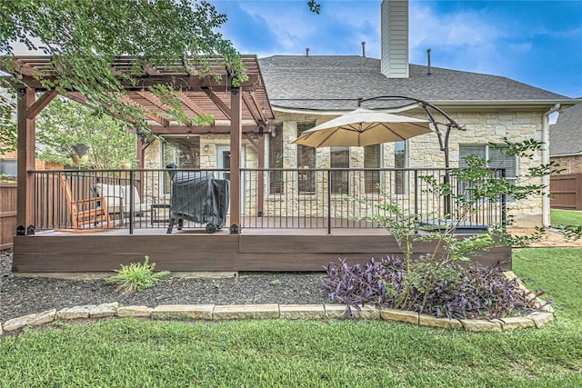 8002 Magic Mountain Cv, Round Rock, TX 78681 - back of house with stone siding, a pergola, a wooden deck, a chimney, and roof with shingles