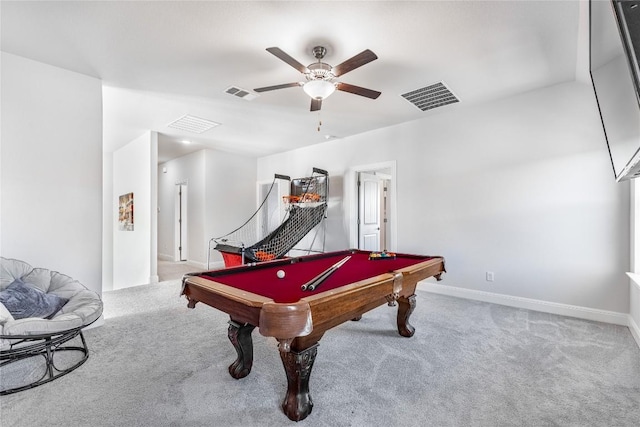 306 Pulitzer Dr, Hutto, TX 78634 - playroom featuring carpet flooring, ceiling fan, billiards table, and baseboards