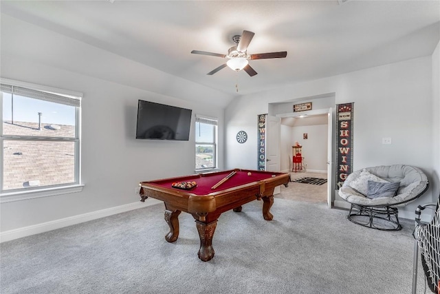 306 Pulitzer Dr, Hutto, TX 78634 - rec room featuring pool table, a ceiling fan, baseboards, and carpet floors
