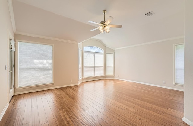 6901 W Bright Star Ln W, Austin, TX 78736 - unfurnished room featuring vaulted ceiling, a ceiling fan, light wood-type flooring, and ornamental molding