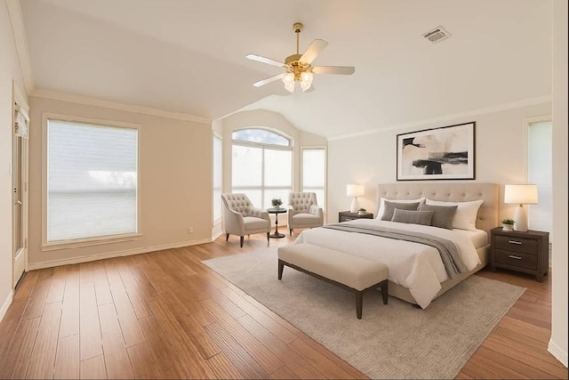 6901 W Bright Star Ln W, Austin, TX 78736 - bedroom featuring lofted ceiling, light wood finished floors, crown molding, and ceiling fan