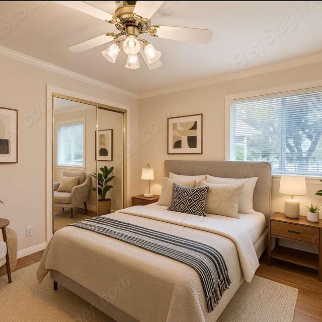 6901 W Bright Star Ln W, Austin, TX 78736 - bedroom featuring wood finished floors, crown molding, a closet, and a ceiling fan