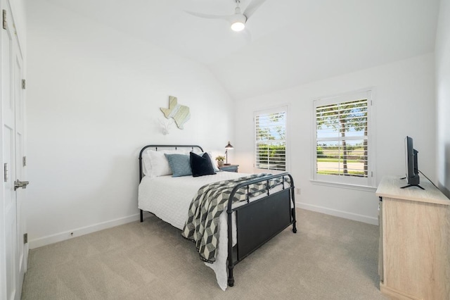 1701 Mira Vis, Leander, TX 78641 - bedroom with lofted ceiling, baseboards, light colored carpet, and a ceiling fan