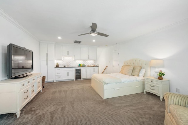 1701 Mira Vis, Leander, TX 78641 - carpeted bedroom featuring wine cooler, ornamental molding, a sink, recessed lighting, and ceiling fan