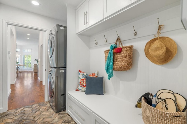 1701 Mira Vis, Leander, TX 78641 - mudroom with stacked washer / drying machine, recessed lighting, and wood finished floors