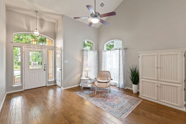2100 Campfield Pkwy, Austin, TX 78745 - foyer entrance with high vaulted ceiling, plenty of natural light, wood-type flooring, and ceiling fan