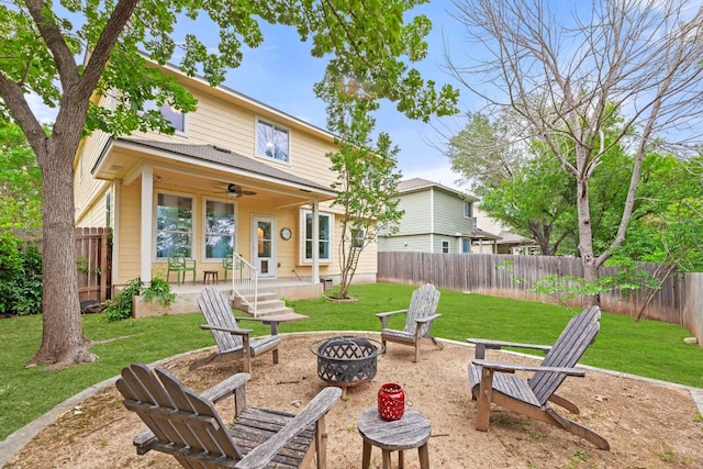 2100 Campfield Pkwy, Austin, TX 78745 - rear view of property featuring a fire pit, a ceiling fan, a patio area, and a fenced backyard