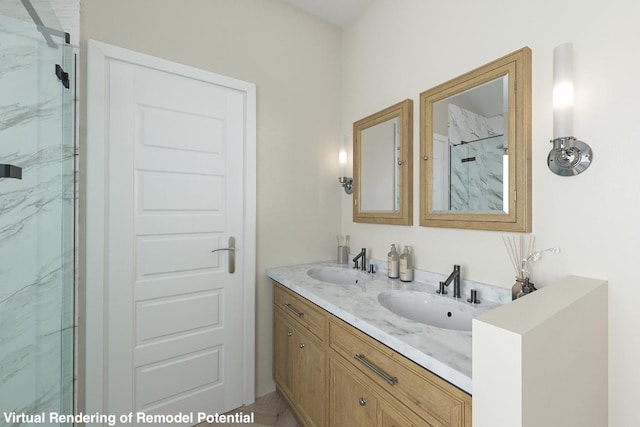 2100 Campfield Pkwy, Austin, TX 78745 - bathroom featuring a marble finish shower and double vanity