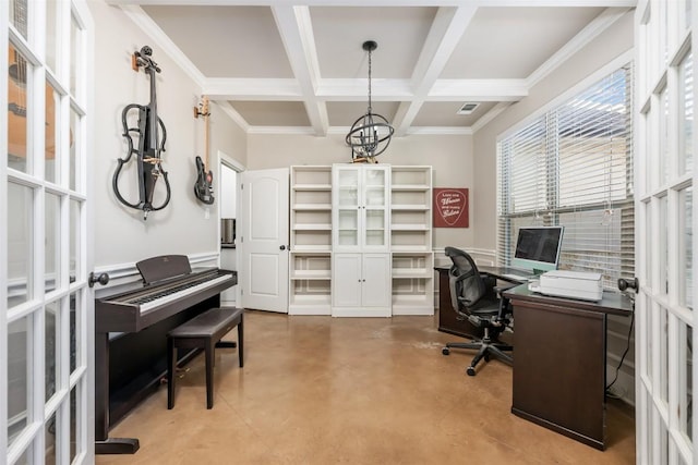 2015 Th Jones Mill Way, Salado, TX 76571 - office area with coffered ceiling, concrete floors, crown molding, beamed ceiling, and french doors