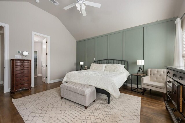 2015 Th Jones Mill Way, Salado, TX 76571 - bedroom featuring a decorative wall, lofted ceiling, dark wood-style flooring, baseboards, and ceiling fan