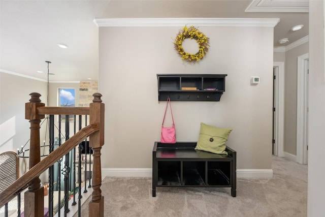 2015 Th Jones Mill Way, Salado, TX 76571 - corridor with carpet, an upstairs landing, baseboards, ornamental molding, and recessed lighting