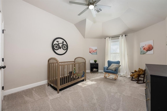 2015 Th Jones Mill Way, Salado, TX 76571 - bedroom featuring carpet floors, a crib, baseboards, ceiling fan, and lofted ceiling