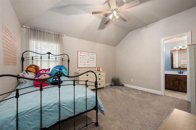 2015 Th Jones Mill Way, Salado, TX 76571 - bedroom with lofted ceiling, light carpet, baseboards, connected bathroom, and a ceiling fan