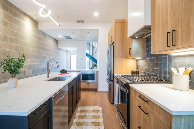 700 Denson Dr Unit 1104, Austin, TX 78752 - kitchen with a sink, stainless steel appliances, custom exhaust hood, light wood-style floors, and backsplash