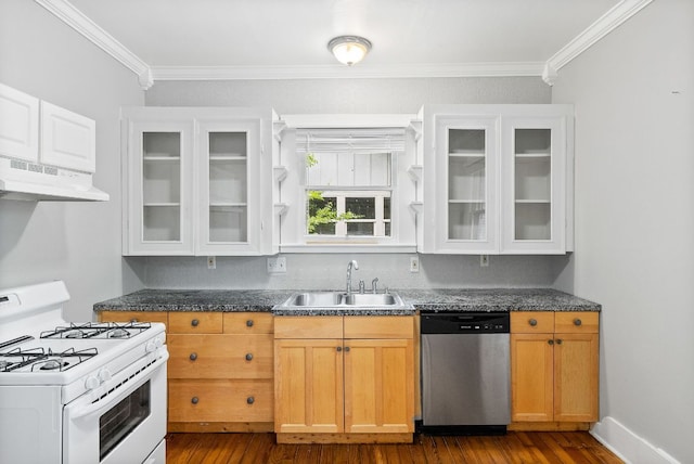 2032 E Cesar Chavez St, Austin, TX 78702 - kitchen with stainless steel dishwasher, white range with gas stovetop, a sink, under cabinet range hood, and dark wood-type flooring