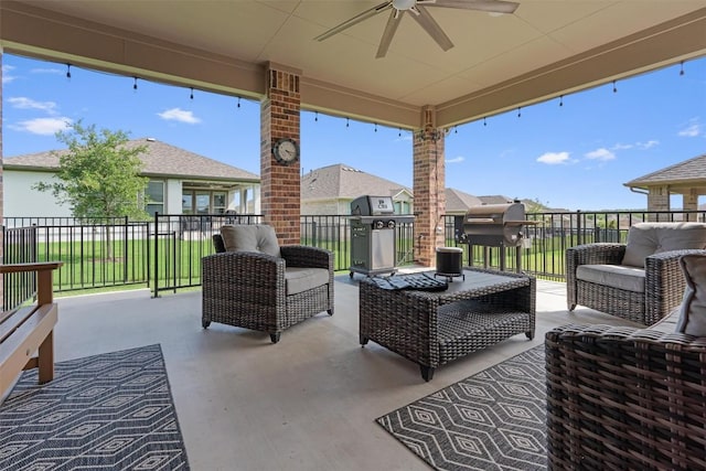 3227 Drago Dr, Round Rock, TX 78665 - view of patio / terrace with outdoor lounge area, ceiling fan, a balcony, and area for grilling