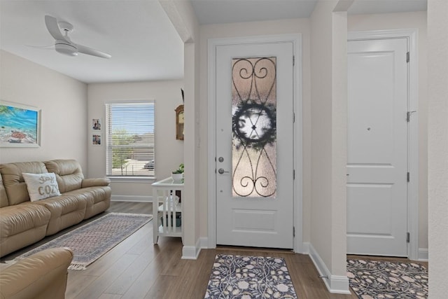 3227 Drago Dr, Round Rock, TX 78665 - entrance foyer with wood finished floors, ceiling fan, and baseboards