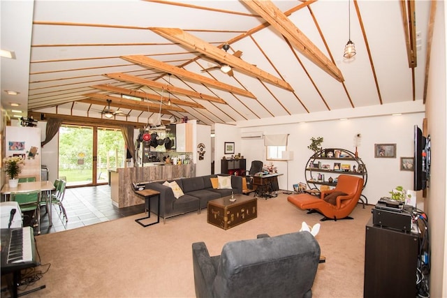 2713 Sweeney Ln, Austin, TX 78723 - carpeted living area featuring a wall mounted AC, beamed ceiling, and high vaulted ceiling