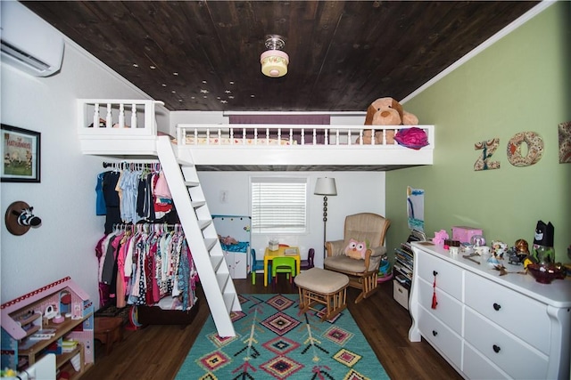 2713 Sweeney Ln, Austin, TX 78723 - bedroom with wooden ceiling, dark wood-style floors, a wall mounted air conditioner, and crown molding