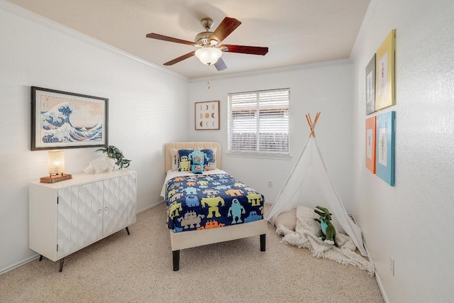 13413 Bolivia Dr, Austin, TX 78729 - bedroom with crown molding, light carpet, ceiling fan, and baseboards