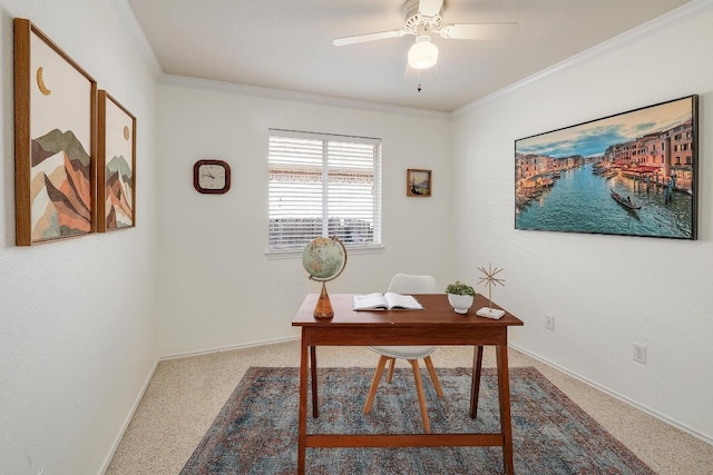 13413 Bolivia Dr, Austin, TX 78729 - office featuring crown molding, ceiling fan, and baseboards