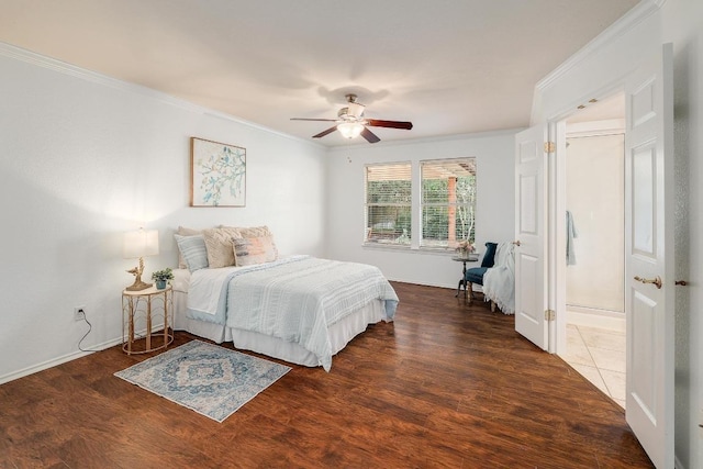 13413 Bolivia Dr, Austin, TX 78729 - bedroom featuring crown molding, wood finished floors, baseboards, and ceiling fan