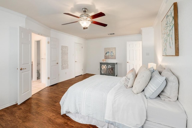 13413 Bolivia Dr, Austin, TX 78729 - bedroom featuring crown molding, wood finished floors, and ceiling fan