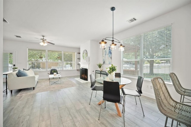 206 Skinner, Kyle, TX 78640 - dining space featuring light wood-style flooring, a ceiling fan, baseboards, and a warm lit fireplace