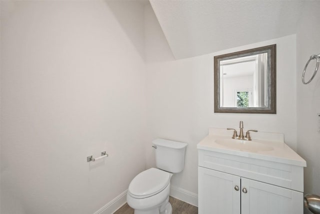 206 Skinner, Kyle, TX 78640 - bathroom with toilet, vanity, baseboards, wood finished floors, and vaulted ceiling