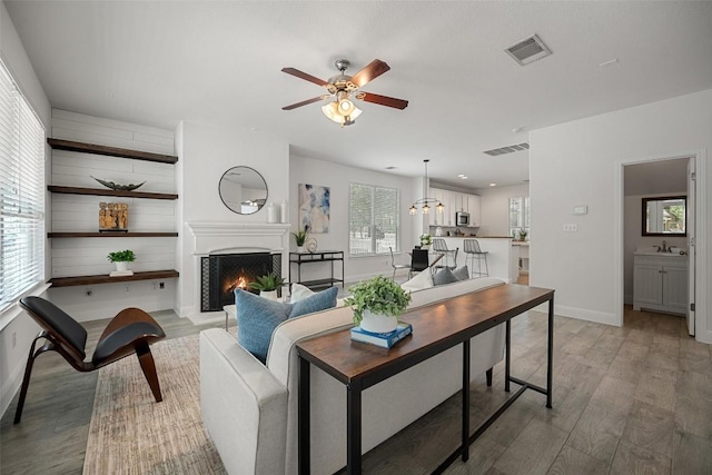206 Skinner, Kyle, TX 78640 - living room featuring ceiling fan, light wood-type flooring, a warm lit fireplace, and baseboards