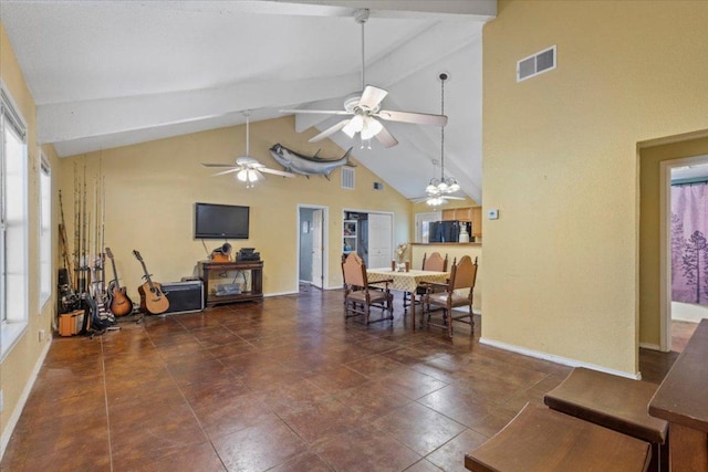 7406 Nez Perce Trce, Manor, TX 78653 - tiled dining space featuring a ceiling fan, baseboards, beamed ceiling, and high vaulted ceiling