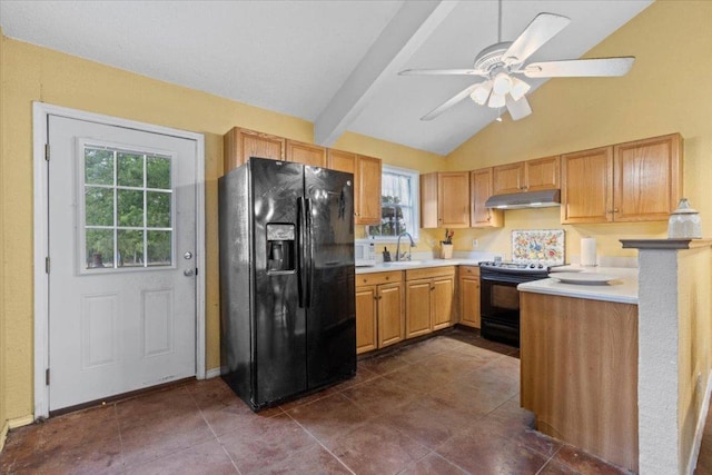 7406 Nez Perce Trce, Manor, TX 78653 - kitchen with black appliances, under cabinet range hood, light countertops, a ceiling fan, and plenty of natural light