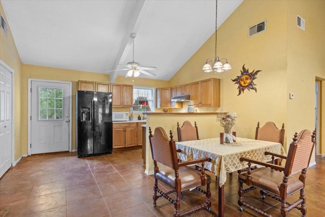 7406 Nez Perce Trce, Manor, TX 78653 - dining area featuring plenty of natural light, a ceiling fan, a chandelier, baseboards, and high vaulted ceiling